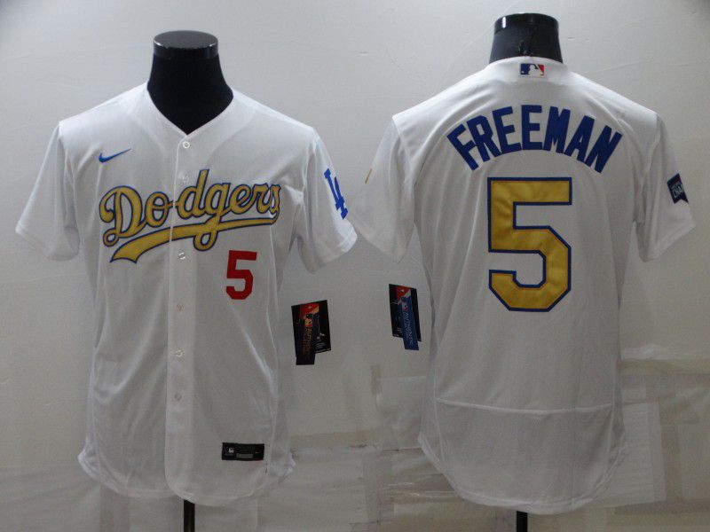 Men Los Angeles Dodgers 5 Freddie Freeman White Champion gold character Nike Elite 2022 MLB Jersey
